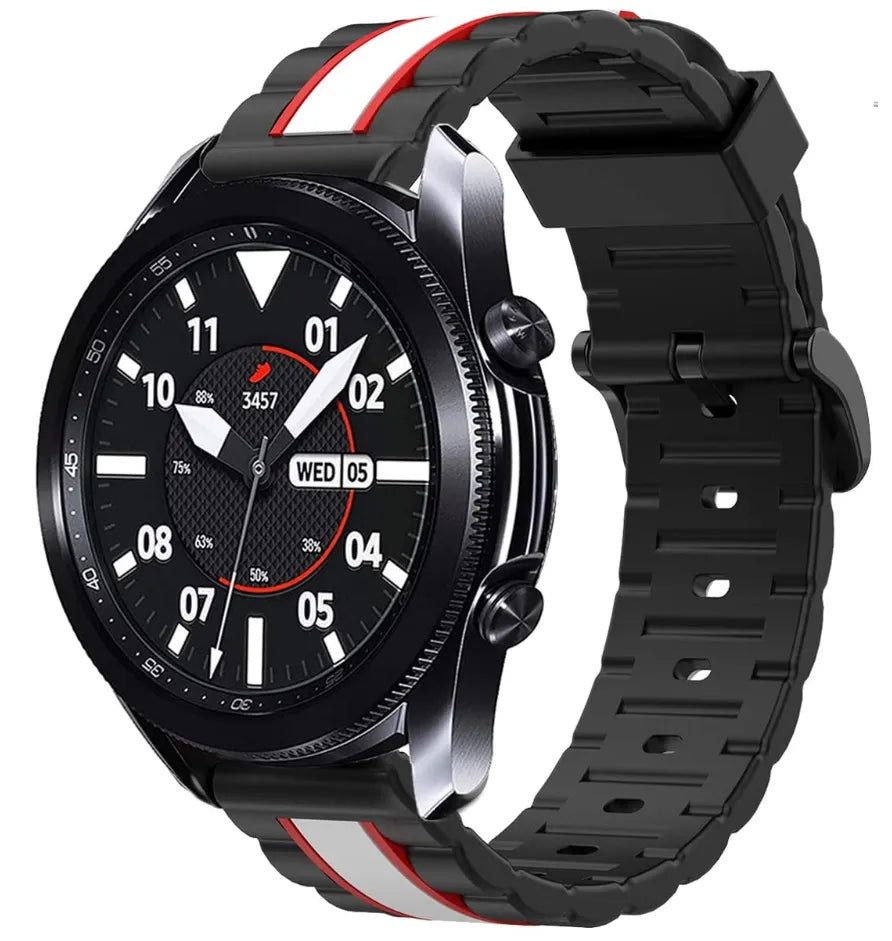 Silicone Special Edition Strap, black/white, on a watch, 3/4 front view