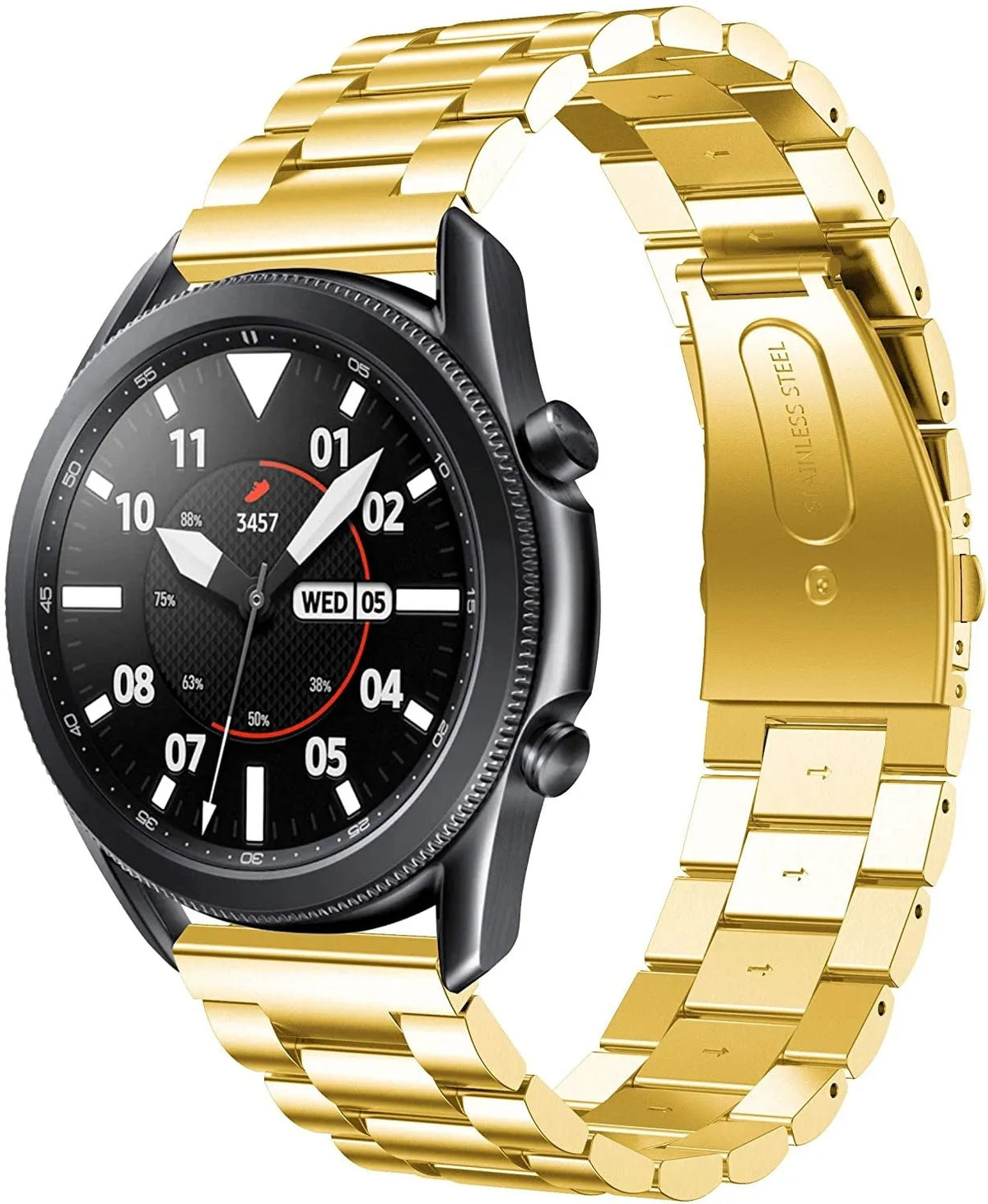 Steel Strap, gold, on a watch, 3/4 front view