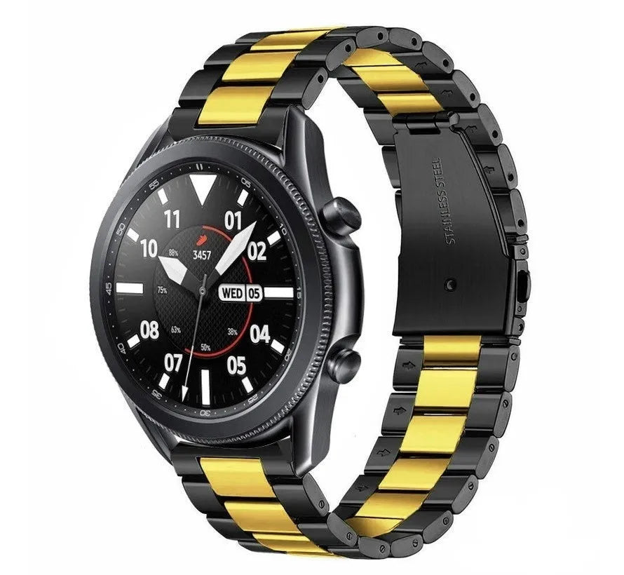 Steel Strap, black/gold, on a watch, 3/4 front view