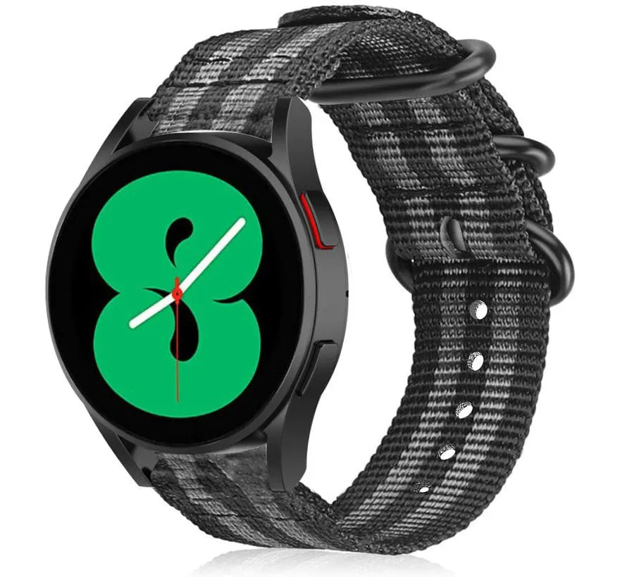 Nylon Buckle Strap, black/grey, on a watch, 3/4 front view