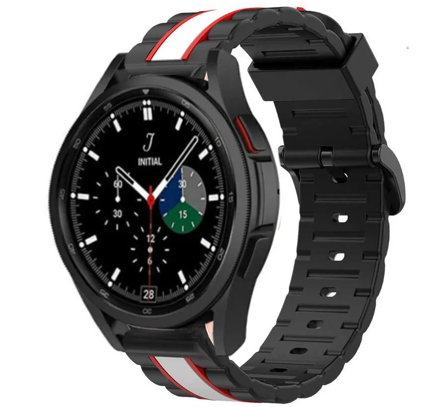 Silicone Special Edition Strap, black/white, on a watch, 3/4 front view