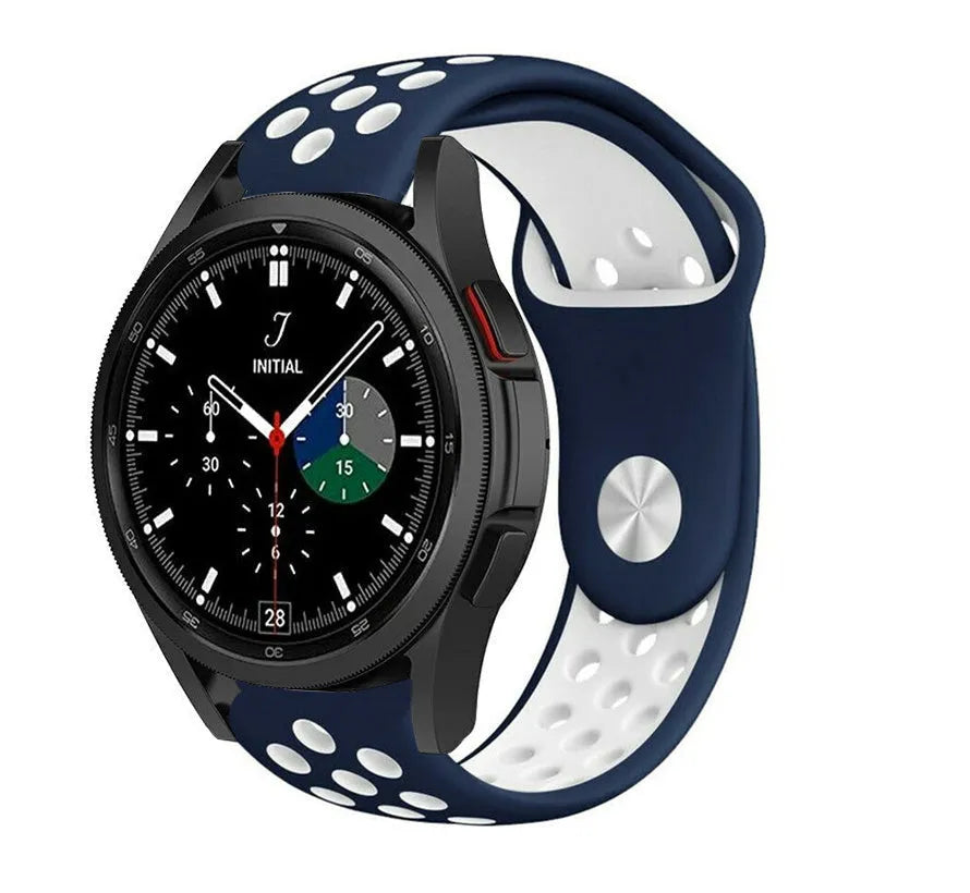 Silicone Sport Strap, blue/white, on a watch, 3/4 front view