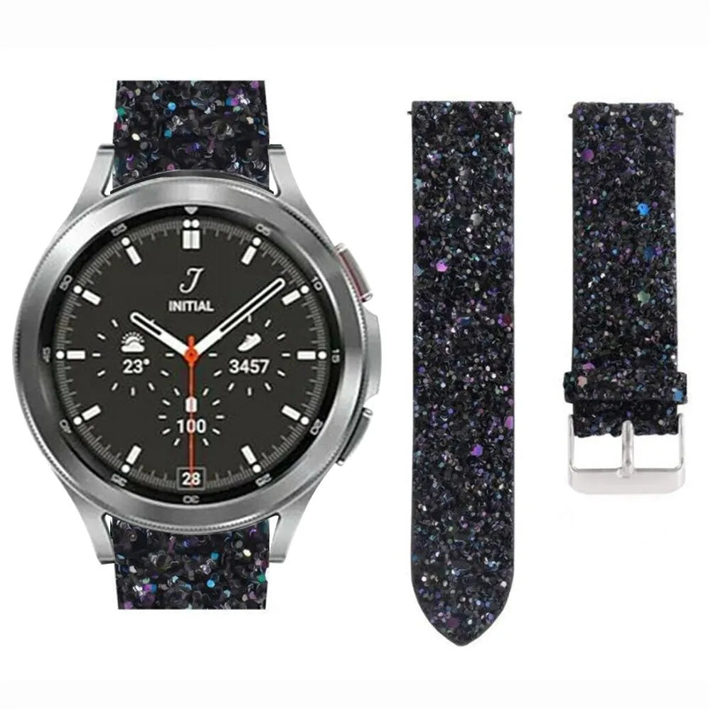 Leather Strap with Glitters, black, on a watch, 3/4 front view