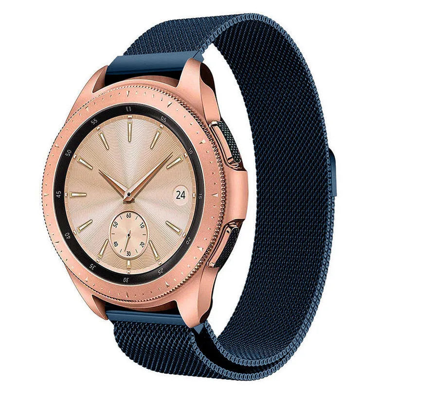 Milanese Strap, blue, on a watch, 3/4 front view