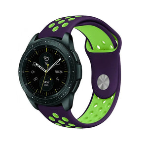 Silicone Sport Strap, purple/green, on a watch, 3/4 front view
