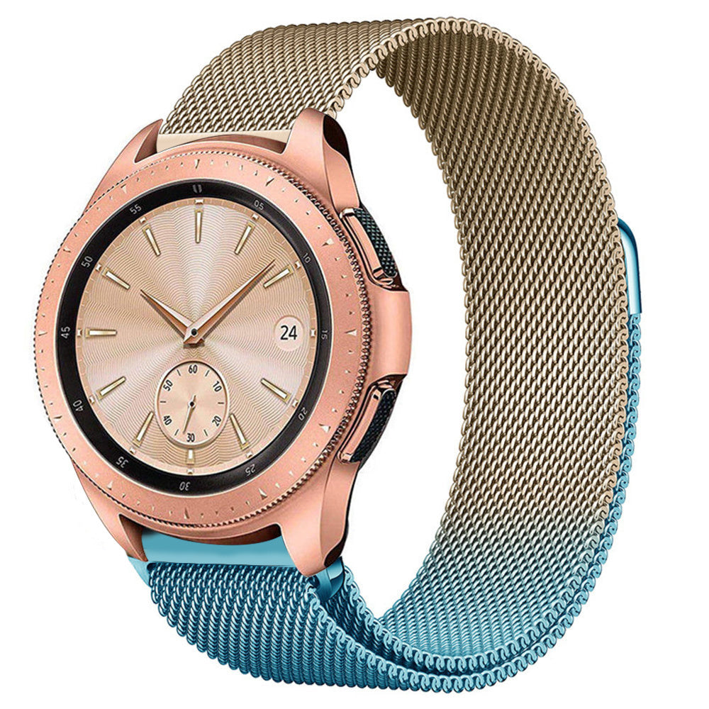 Milanese Strap, blue/gold, on a watch, 3/4 front view