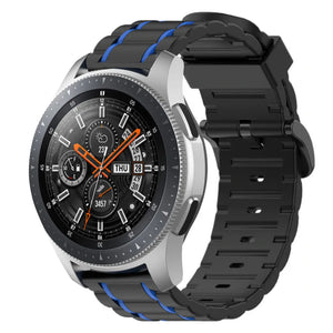 Silicone Sport Strap with Buckle, black/blue, on a watch, 3/4 front view