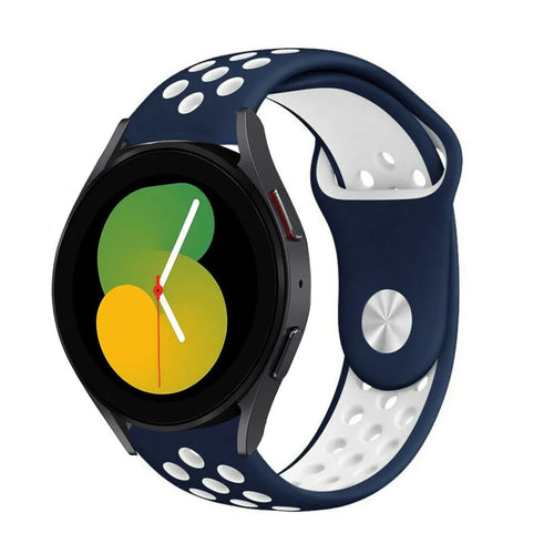 Silicone Sport Strap, blue/white, on a watch, 3/4 front view