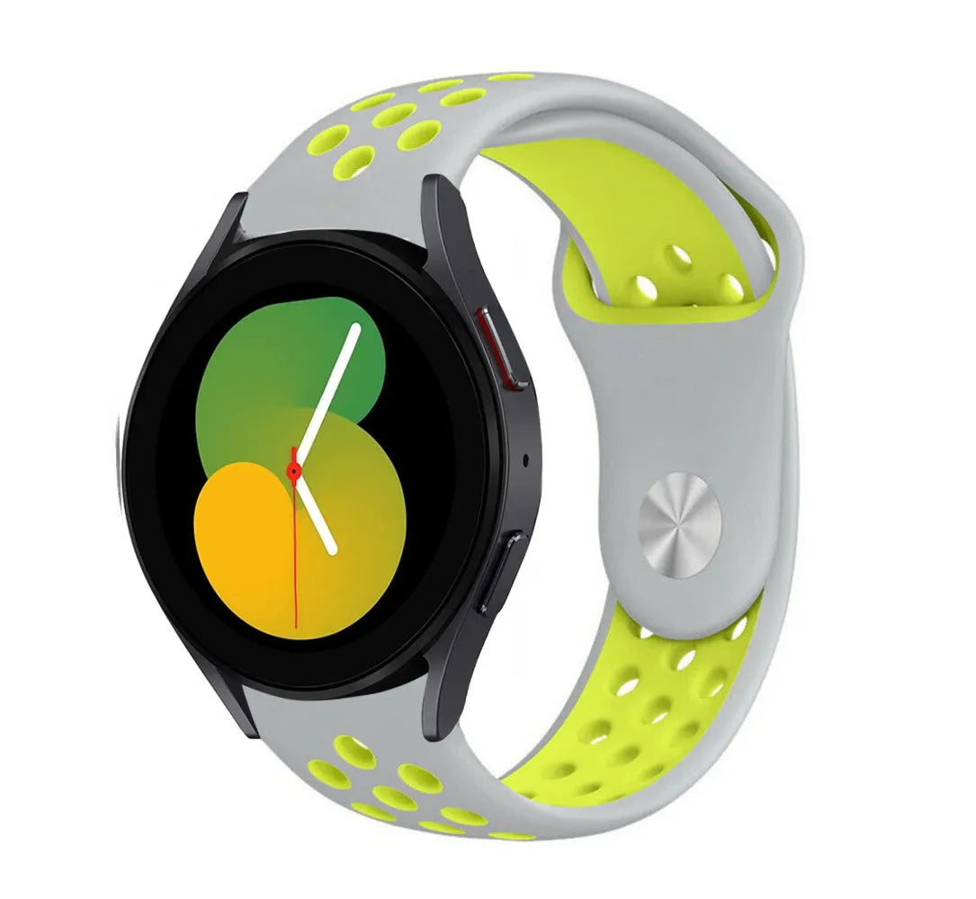 Silicone Sport Strap, grey/yellow, on a watch, 3/4 front view