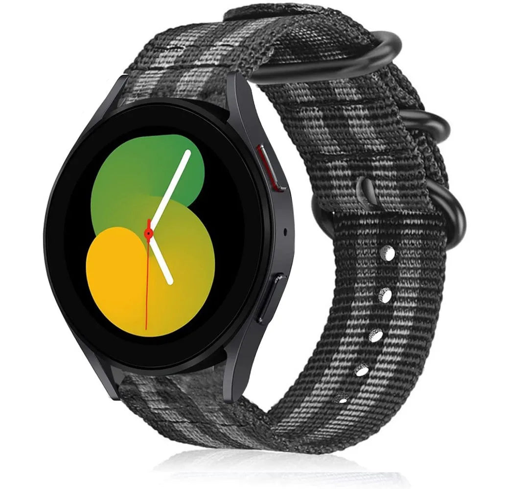 Nylon Buckle Strap, black/grey, on a watch, 3/4 front view