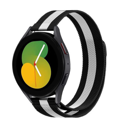 Milanese Strap, black/white, on a watch, 3/4 front view