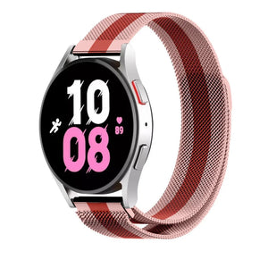 Milanese Strap, red/pink, on a watch, 3/4 front view