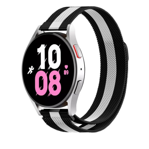 Milanese Strap, black/white, on a watch, 3/4 front view