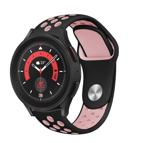 Silicone Sport Strap, black/pink, on a watch, 3/4 front view
