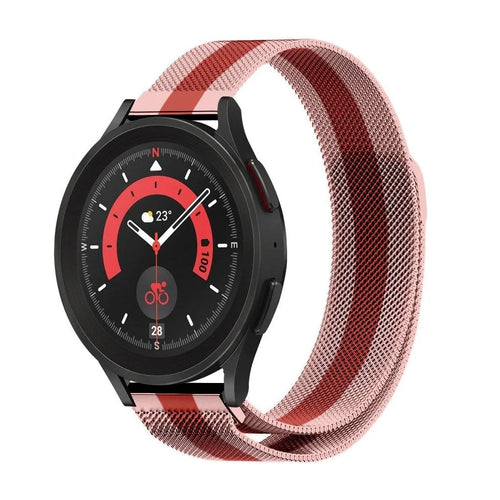 Milanese Strap, red/pink, on a watch, 3/4 front view