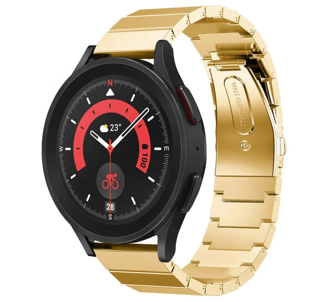 Premium Metal Strap, gold, on a watch, 3/4 front view