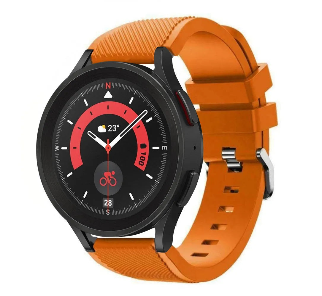 Twill Silicone Strap, orange, on a watch, 3/4 front view