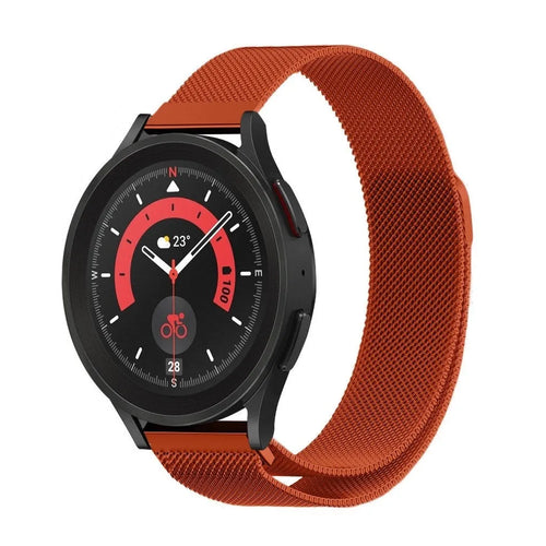 Milanese Strap, orange, on a watch, 3/4 front view
