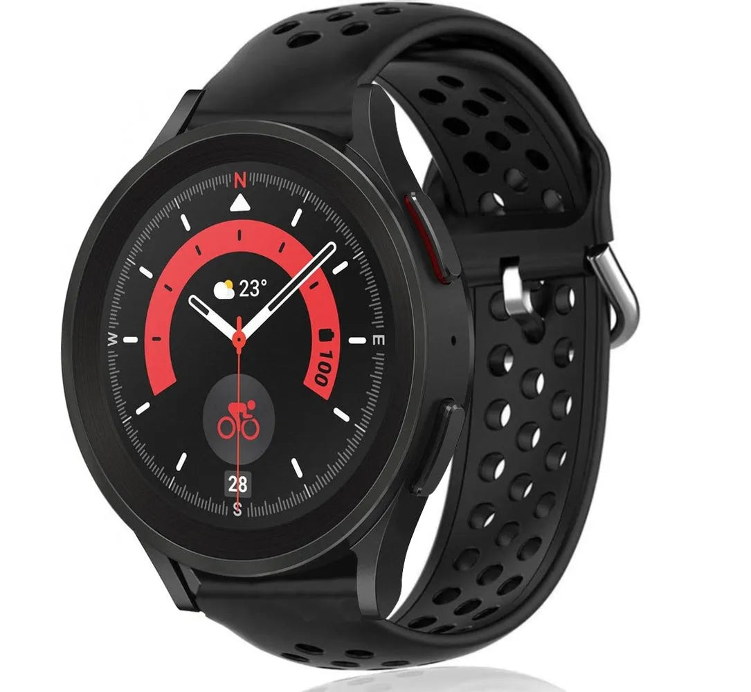 Breathable Silicone Strap, black, on a watch, 3/4 front view