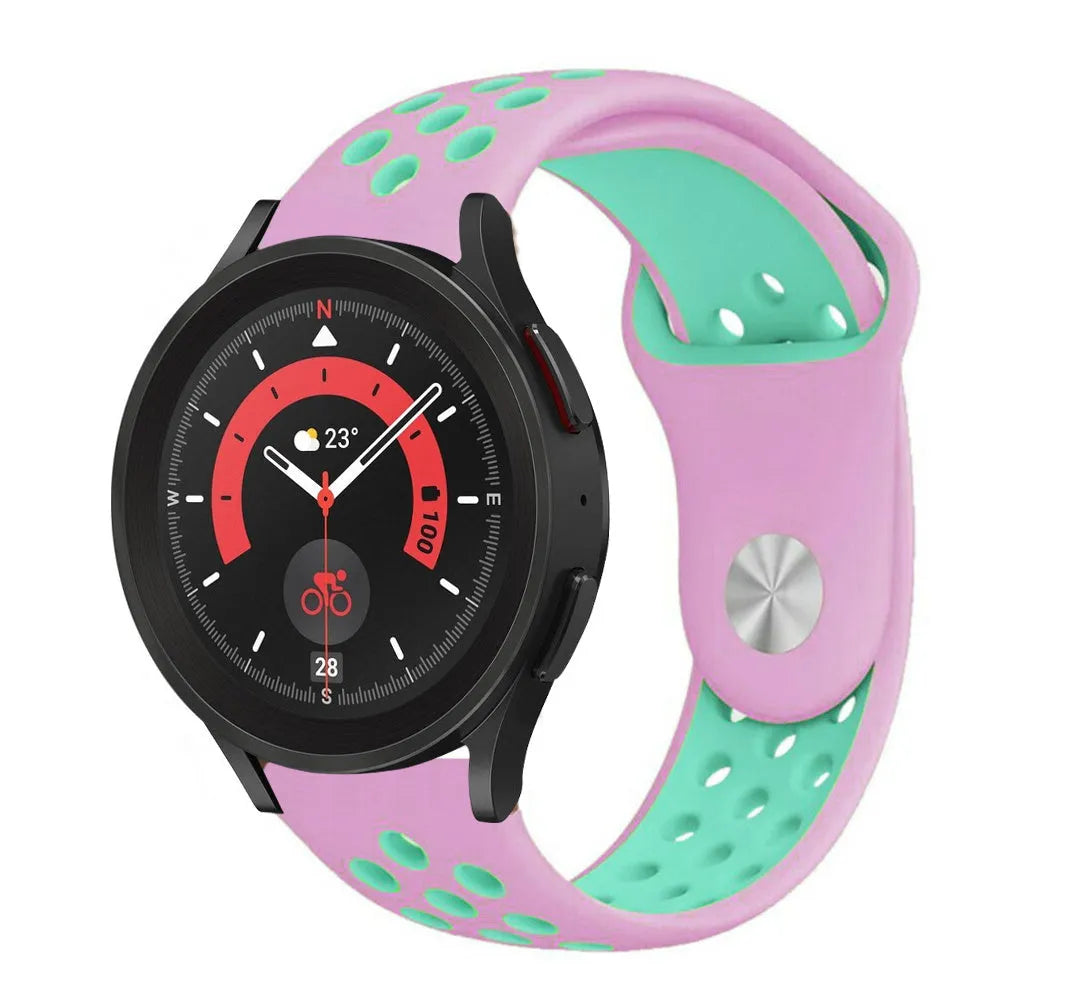 Silicone Sport Strap, pink/aqua, on a watch, 3/4 front view