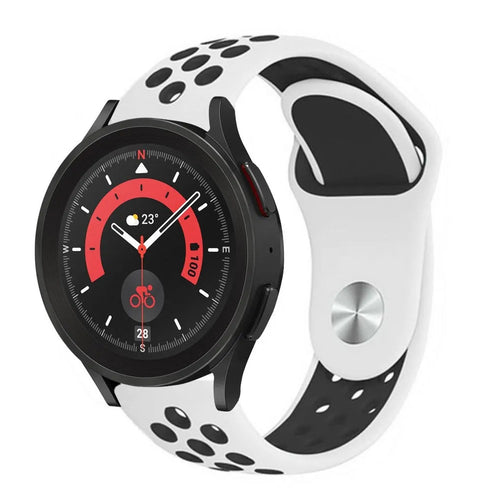 Silicone Sport Strap, white/black, on a watch, 3/4 front view