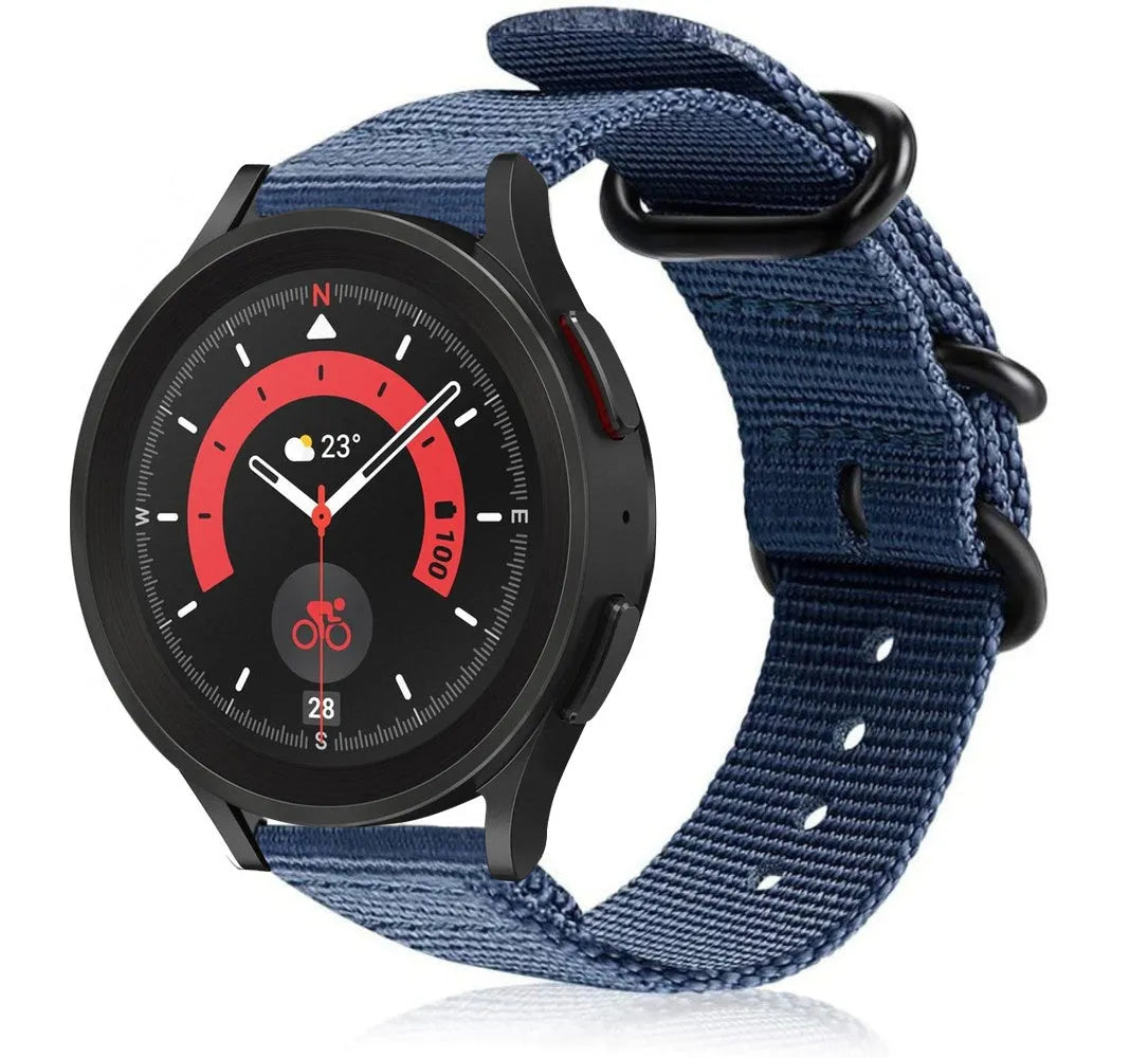 Nylon Buckle Strap, blue, on a watch, 3/4 front view