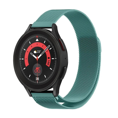 Milanese Strap, green, on a watch, 3/4 front view