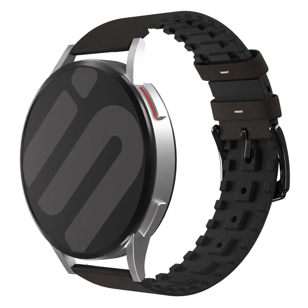 Leather Hybrid Strap, black/brown, on a watch, 3/4 front view