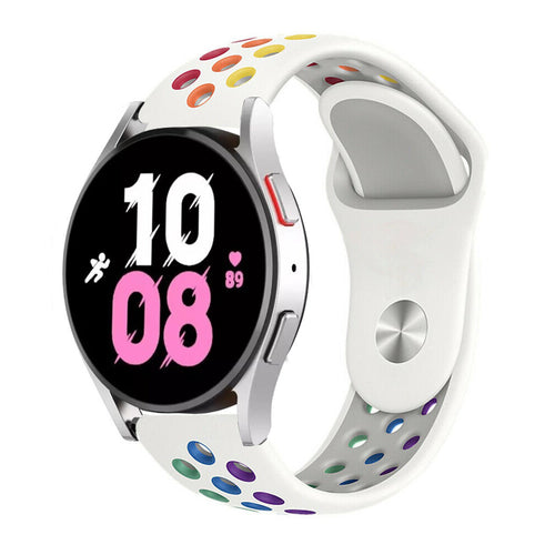 Silicone Sport Strap, white/colourful, on a watch, 3/4 front view