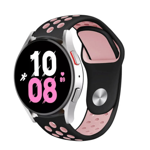 Silicone Sport Strap, black/pink, on a watch, 3/4 front view