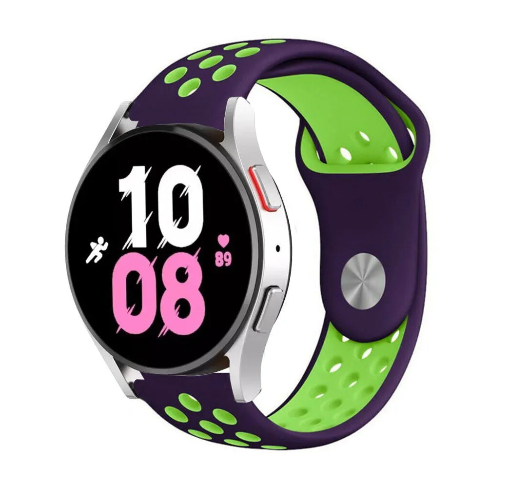 Silicone Sport Strap, purple/green, on a watch, 3/4 front view