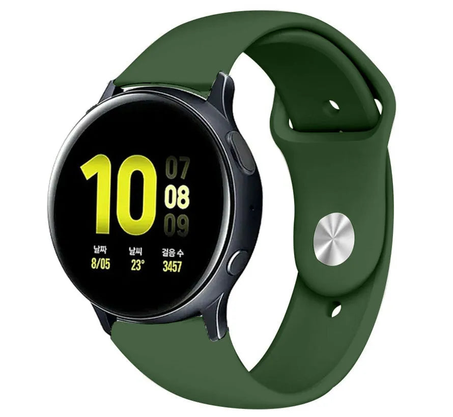 Silicone Sport Strap, army green, on a watch, 3/4 front view