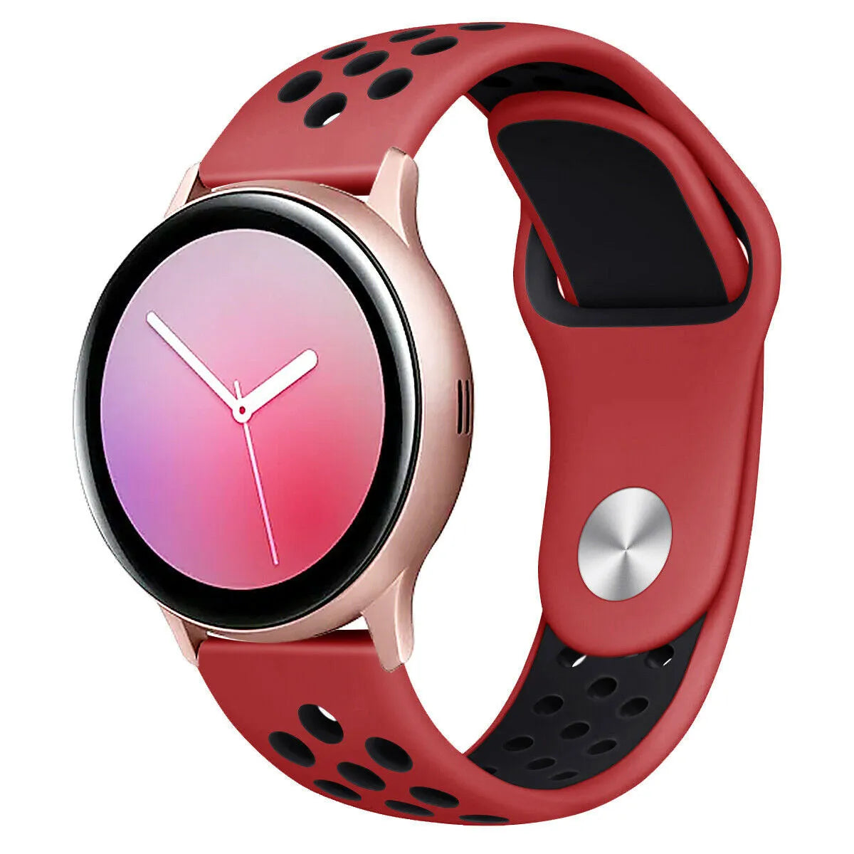 Silicone Sport Strap, red/black, on a watch, 3/4 front view