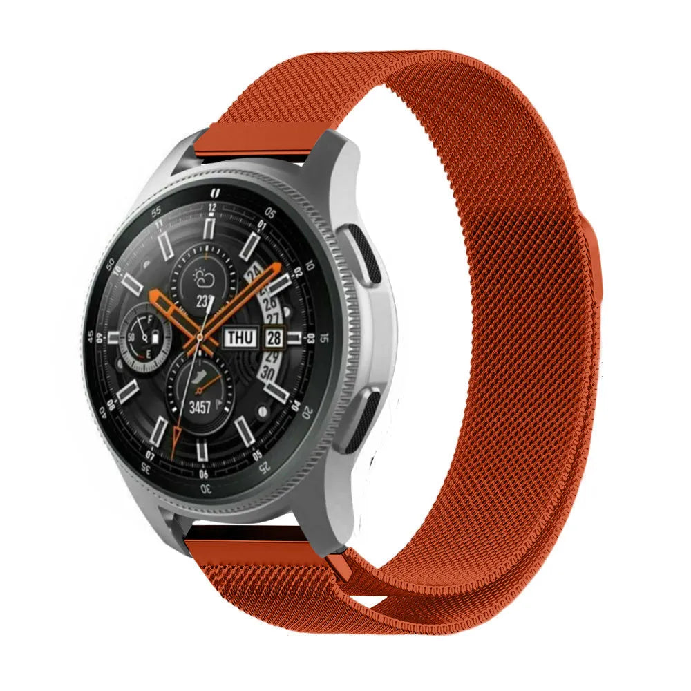 Milanese Strap, orange, on a watch, 3/4 front view