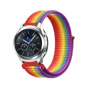 Nylon Strap, rainbow, on a watch, 3/4 front view