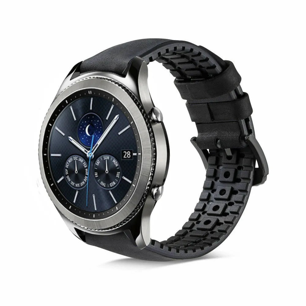 Leather / Silicone Strap, black, on a watch, 3/4 front view