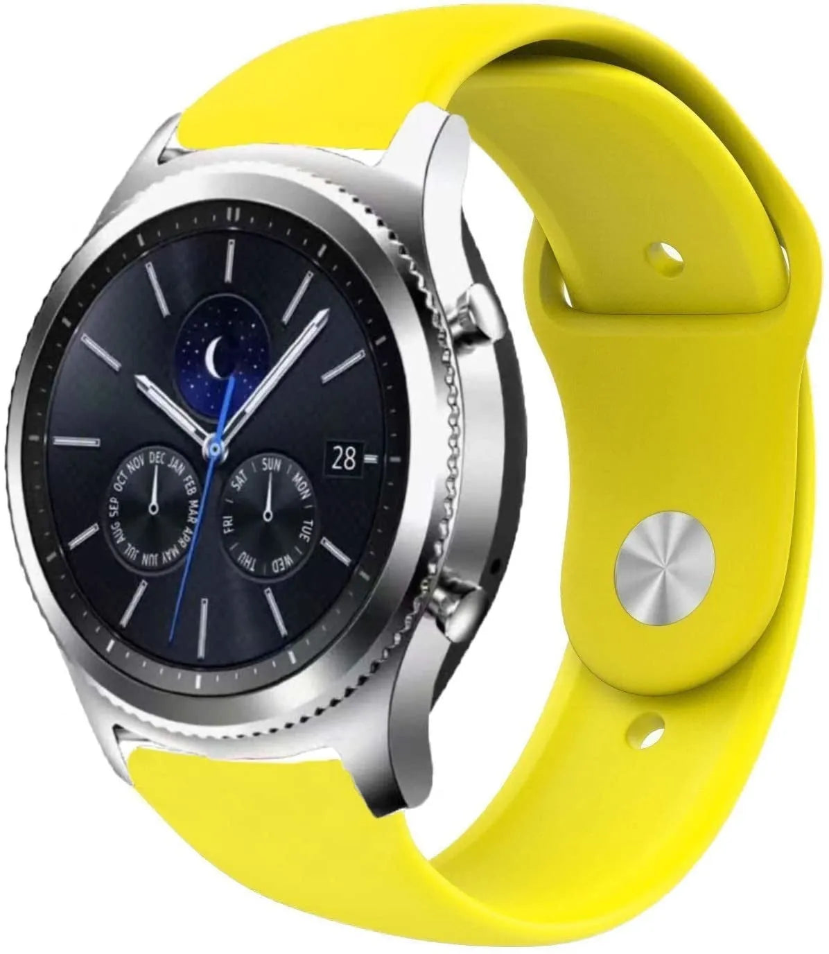 Silicone Sport Strap, yellow, on a watch, 3/4 front view