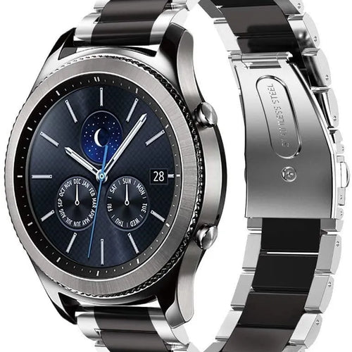 Steel Strap, silver/black, on a watch, 3/4 front view