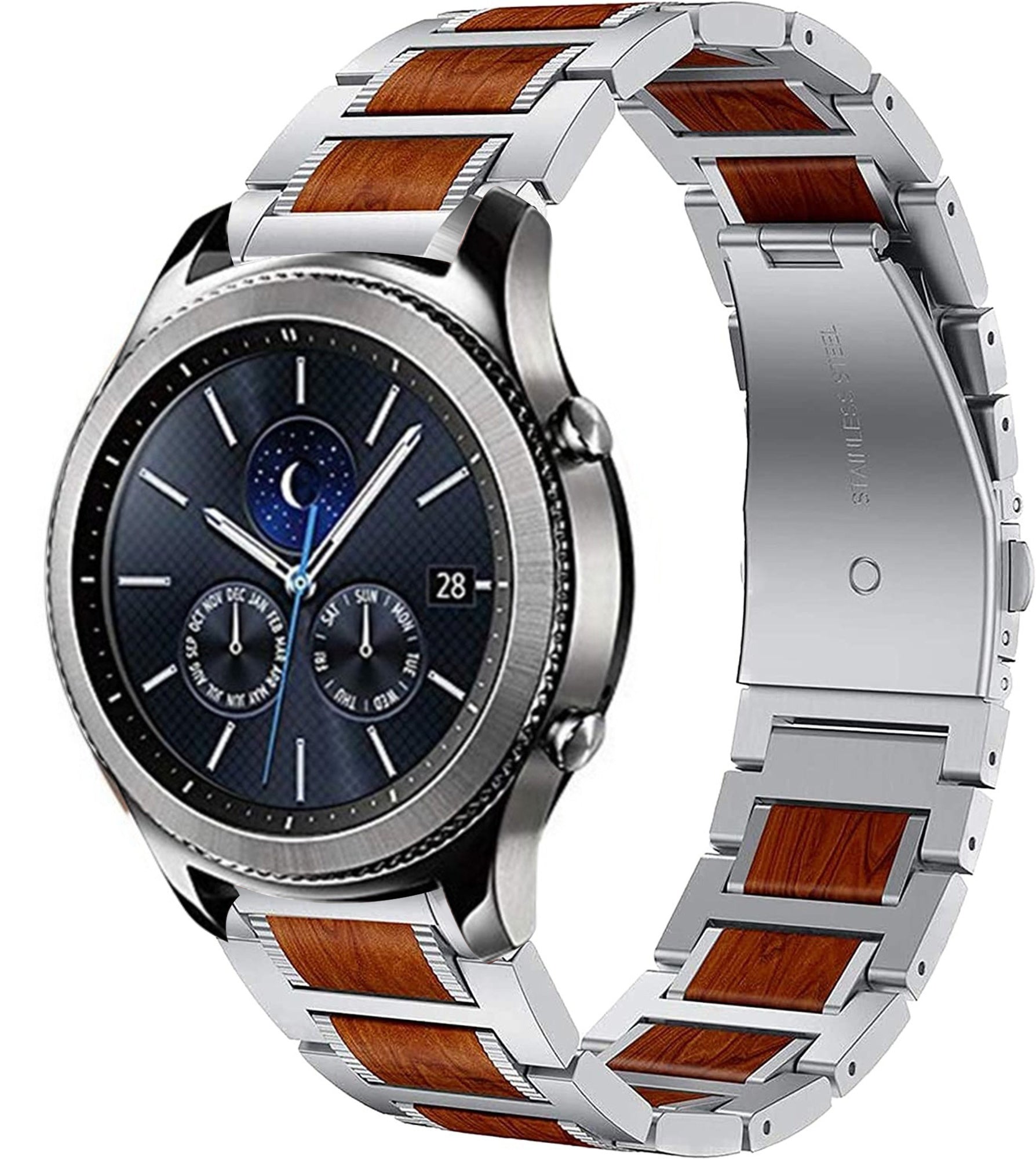 Wood Steel Strap, silver, on a watch, 3/4 front view