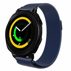 Milanese Strap, blue, on a watch, 3/4 front view