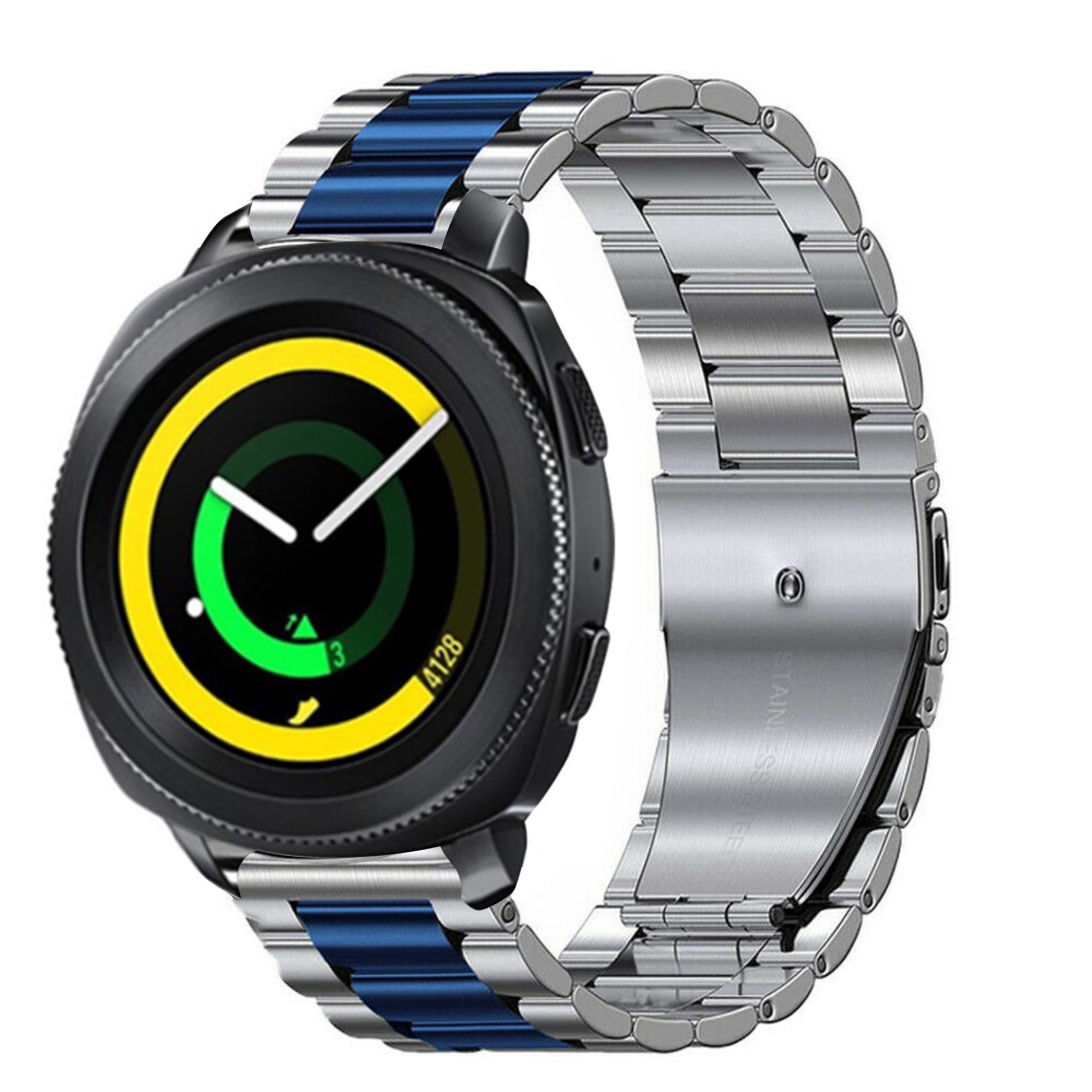Steel Strap, silver/blue, on a watch, 3/4 front view