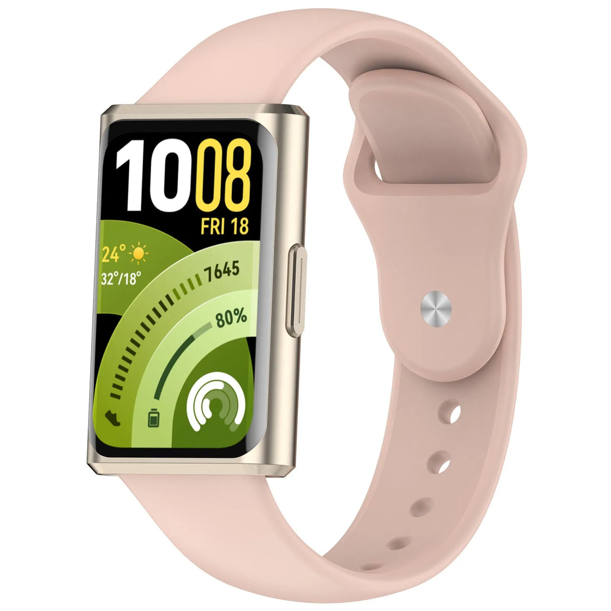 Silicone Sport Strap, soft pink, on a watch, 3/4 front view