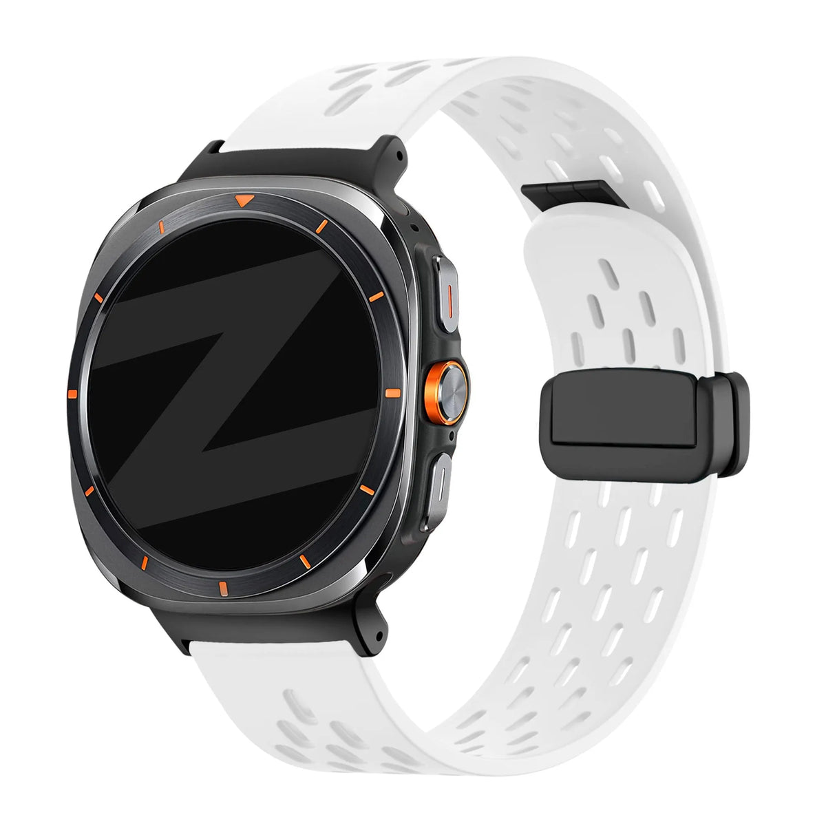 Silicone D-Buckle Sport Strap 'Air', white, on a watch, 3/4 front view