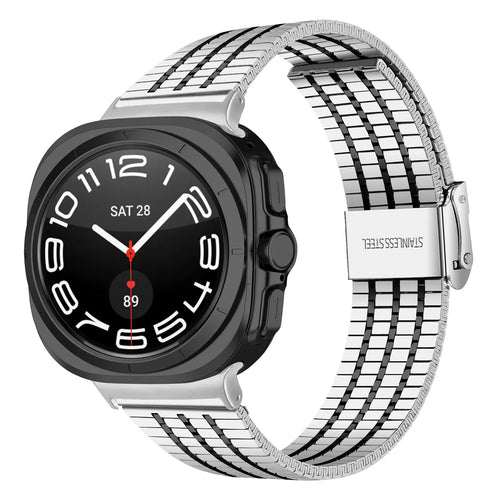 Stainless Steel Strap, silver/black, on a watch, 3/4 front view