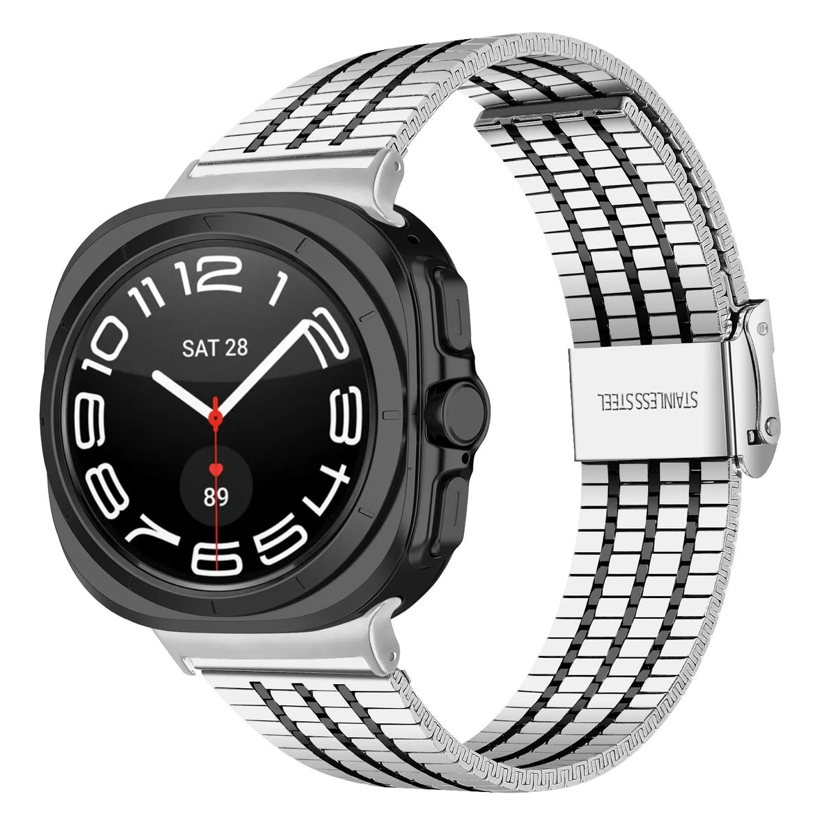 Stainless Steel Strap, silver/black, on a watch, 3/4 front view