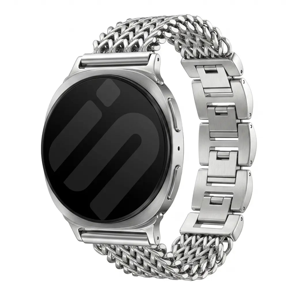 Metal Mesh Strap, silver, on a watch, 3/4 front view