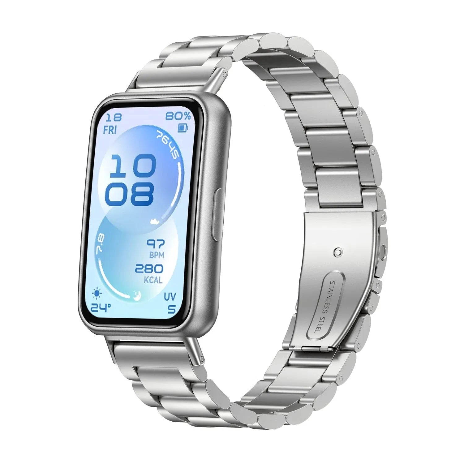 Steel Strap, silver, on a watch, 3/4 front view