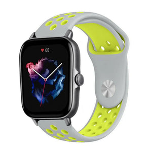 Silicone Sport Strap, grey/yellow, on a watch, 3/4 front view