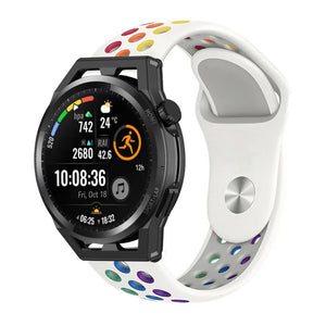 Silicone Sport Strap, white/colourful, on a watch, 3/4 front view
