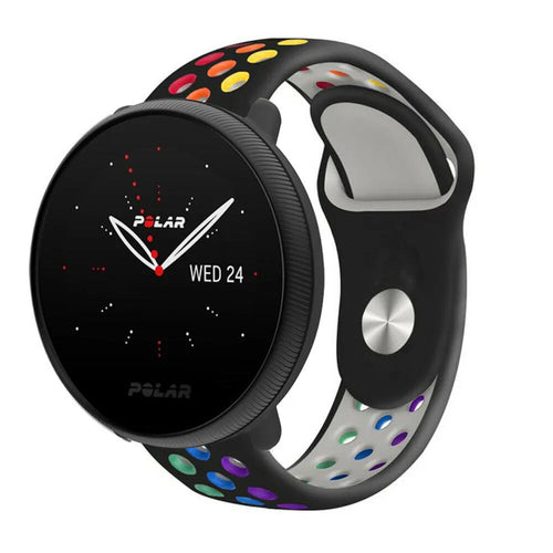 Silicone Sport Strap, black/colourful, on a watch, 3/4 front view